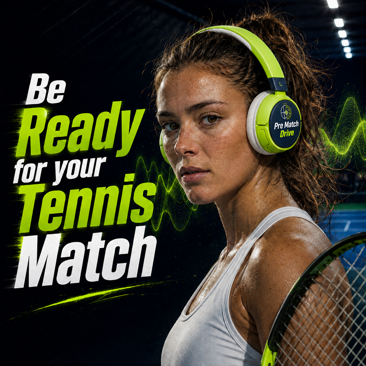 Woman tennis player wearing headphones before her match